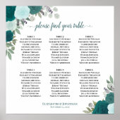 6表ティール(緑がかった色)バラBoho結婚の座席表 ポスター (正面)