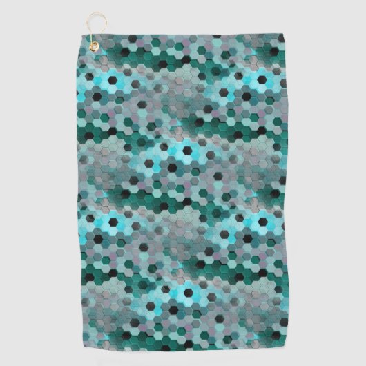 6角形または立方体のモザイク色のシアンからグレー ゴルフタオル (正面)