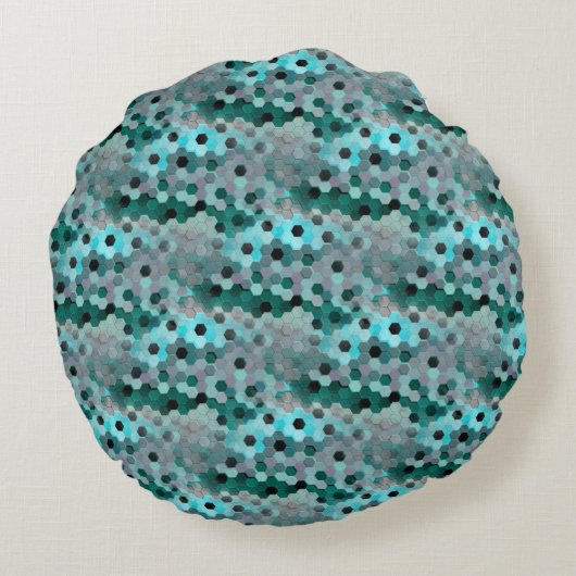 6角形または立方体のモザイク色のシアンからグレー ラウンドクッション (裏面)
