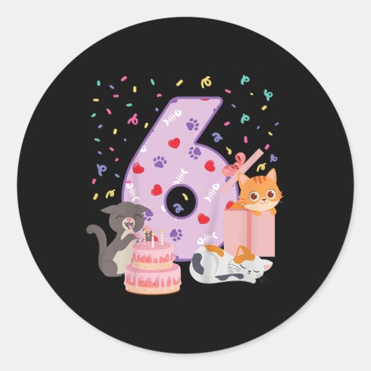 6誕生日ガールかわいい猫の衣装6歳Bday ラウンドシール (正面)