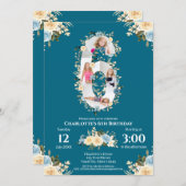 6誕生日ティール(緑がかった色)フラワーフォトコラージブルーイエロー 招待状 (正面/裏面)