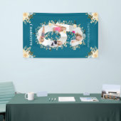 6誕生日ティール（緑がかった色）フラワーフォトコラージブルーイエロー 横断幕 (トレードショー)