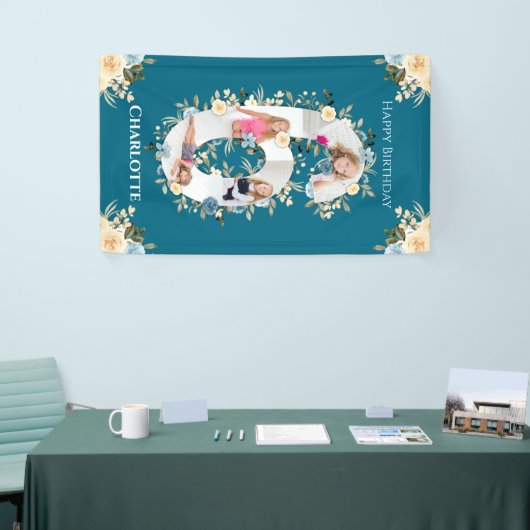 6誕生日ティール(緑がかった色)フラワーフォトコラージブルーイエロー 横断幕 (トレードショー)