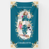 6誕生日ティール(緑がかった色)フラワーフォトコラージブルーイエロー 横断幕 (縦)