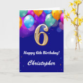 6誕生日ネイビーブルーと金ゴールドバルーンカラフル カード (黄色い花)