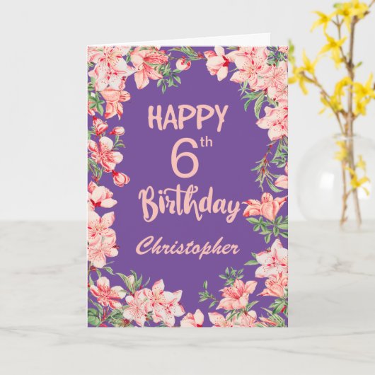 6誕生日パープルピンクピーチウォーターフローラ カード (黄色い花)