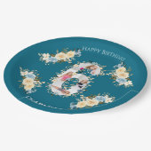 6誕生日フォトコラージブルーイエローフラワーティール（緑がかった色） ペーパープレート (アングル)