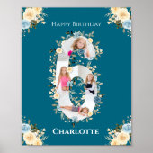 6誕生日フォトコラージュティール（緑がかった色）ブルーイエローフラワー ポスター (正面)