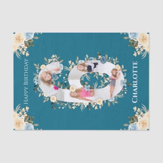 6誕生日フォトコラージュティール(緑がかった色)ブルーイエローフラワー 薄葉紙 (正面)