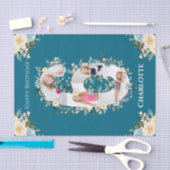 6誕生日フォトコラージュティール(緑がかった色)ブルーイエローフラワー 薄葉紙 (クラフト)