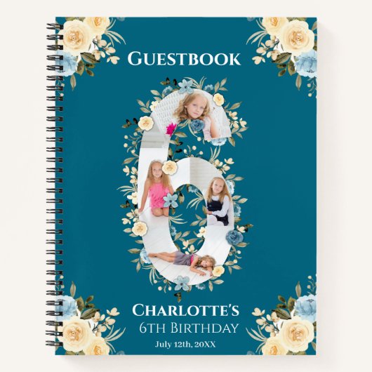 6誕生日フォトブルーイエローフラワーゲストブック ノートブック (正面)