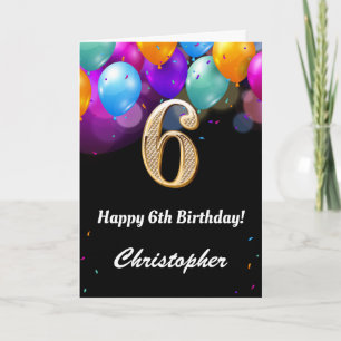 6誕生日ブラックと金ゴールドバルーンカラフルカード カード