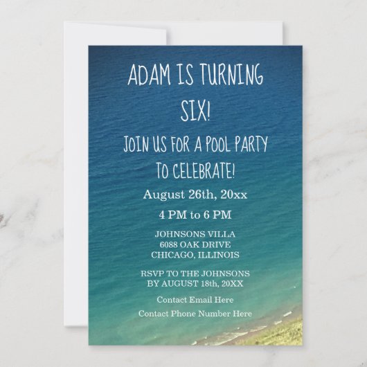 6誕生日プールパーティーブルーウォーターシーアショアビーチ 招待状 (正面)