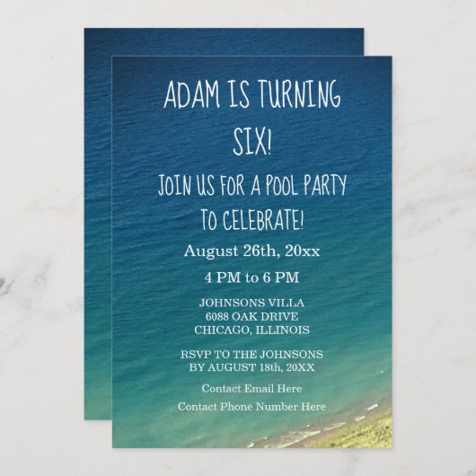 6誕生日プールパーティーブルーウォーターシーアショアビーチ 招待状 (正面/裏面)