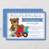 6誕生日ボーイ招待状テディベアトレイン 招待状 (正面/裏面)