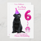 6誕生日子犬のテーマ – かわいい犬ピンクの女の子パウィティ 招待状 (正面/裏面)