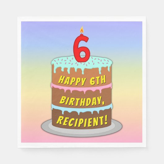 6誕生日:おもしろいケーキとキャンドル+名前をカスタムする スタンダードランチョンナプキン (正面)