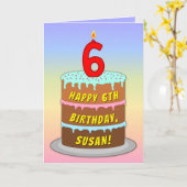 6誕生日—おもしろいケーキ&キャンドル、名前をカスタムする付 カード (黄色い花)