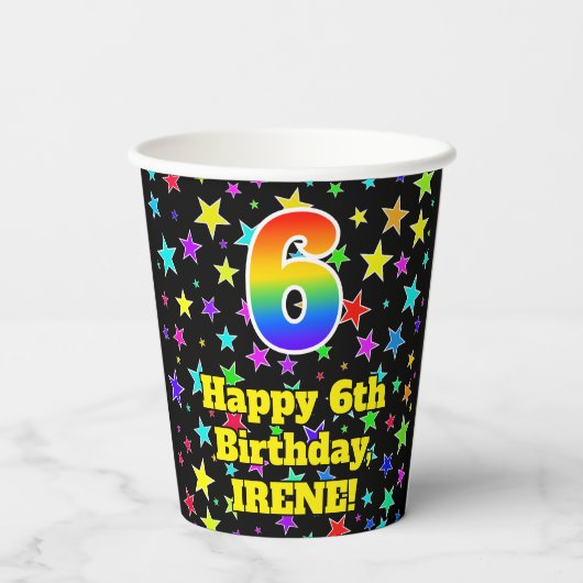 6誕生日:おもしろいスターズパターンと虹6 紙コップ (裏面)