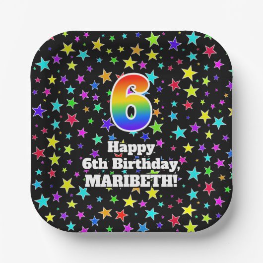 6誕生日:おもしろいスター柄と虹「6」 ペーパープレート (正面)