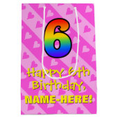 6誕生日:おもしろいピンクハートストライプ&レインボー6 ミディアムペーパーバッグ (裏面)