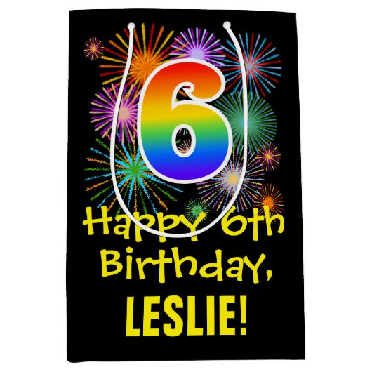 6誕生日:おもしろい花火パターン+虹6 ミディアムペーパーバッグ (正面)