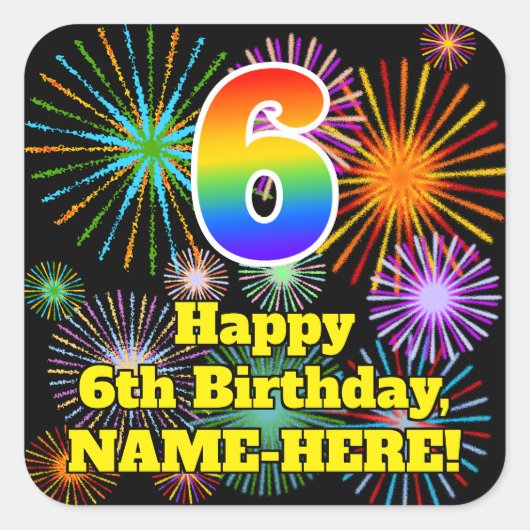 6誕生日:おもしろい花火ルック、レインボー# 6 スクエアシール (正面)