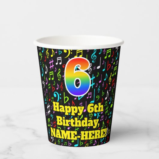 6誕生日:おもしろい音符パターン、レインボー6 紙コップ (正面)