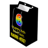 6誕生日:おもしろい、はっきりした、カラフルレインボー「6」 ミディアムペーパーバッグ (正面アングル)
