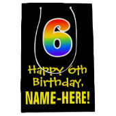 6誕生日:おもしろい、はっきりした、カラフルレインボー「6」 ミディアムペーパーバッグ (正面)