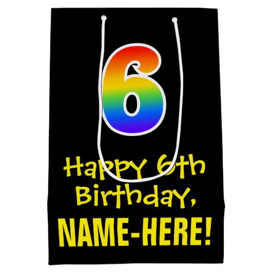6誕生日:おもしろい、はっきりした、カラフルレインボー「6」 ミディアムペーパーバッグ (裏面)
