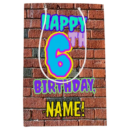 6誕生日:おもしろい、アーバングラフィティインスパイアルック ミディアムペーパーバッグ (正面)