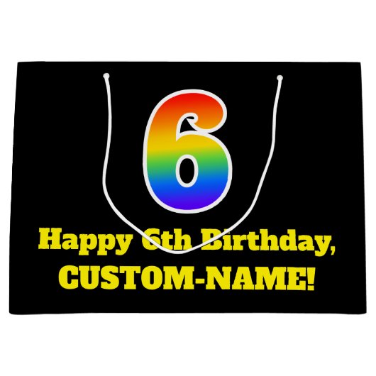6誕生日~おもしろい, カラフル, 鮮やか, Rainbow 6 ラージペーパーバッグ (正面)