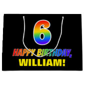 6誕生日: はっきりした,おもしろい,シンプルレインボー6 ラージペーパーバッグ (正面)