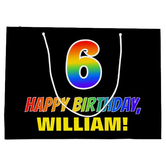 6誕生日: はっきりした,おもしろい,シンプルレインボー6 ラージペーパーバッグ (裏面)