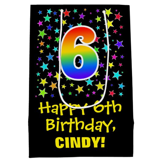 6誕生日:カラフルスターズパターン&レインボー6 ミディアムペーパーバッグ (裏面)