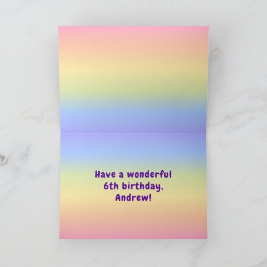 6誕生日:カラフルレインボー6、名前をカスタムする カード (内部)