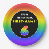 6誕生日:カラフルレインボー6、名前をカスタムする ペーパープレート (正面)
