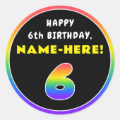 6誕生日:カラフルレインボー6、名前をカスタムする ラウンドシール (正面)