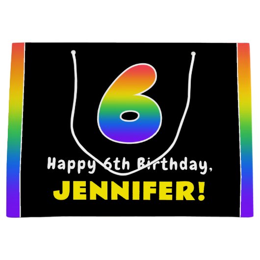 6誕生日:カラフルレインボー6、名前をカスタムする ラージペーパーバッグ (正面)