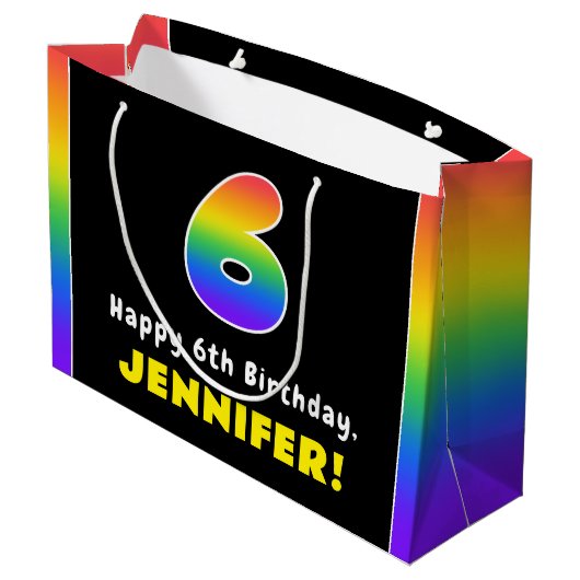 6誕生日:カラフルレインボー6、名前をカスタムする ラージペーパーバッグ (裏面アングル)