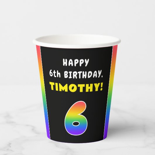 6誕生日:カラフルレインボー6、名前をカスタムする 紙コップ (正面)