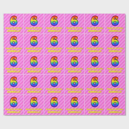 6誕生日:ピンクストライプのハート、虹の数6 ラッピングペーパー (フラット)