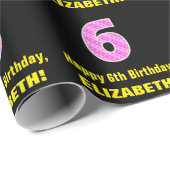 6誕生日:ピンクストライプ色のハートと「6」 +名前 ラッピングペーパー (ロールコーナー)