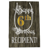 6誕生日:フェイク金ゴールドルック&ウッドフェイクパターン ミディアムペーパーバッグ (正面)