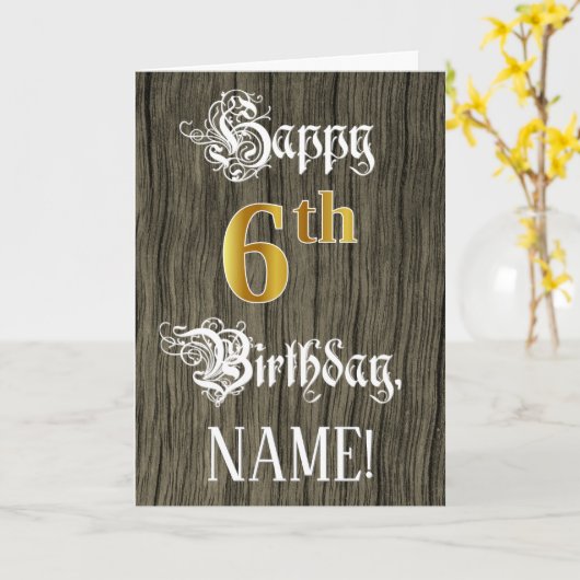 6誕生日:フェイク金ゴールドルック+木フェイク模様 カード (黄色い花)