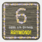 6誕生日:フローラ番号、フェイク木目、名前 スクエアシール (正面)