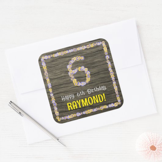 6誕生日:フローラ番号、フェイク木目、名前 スクエアシール (封筒)