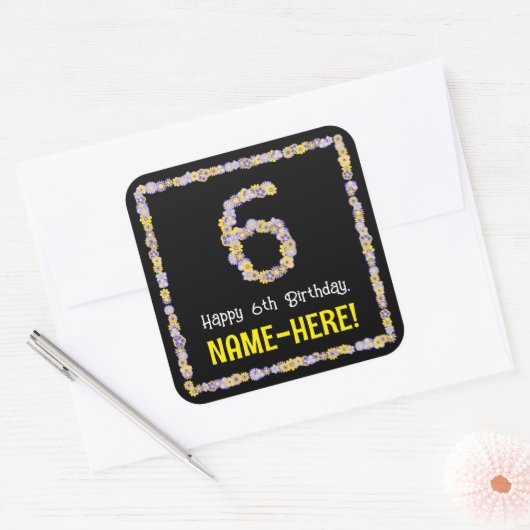 6誕生日:フローラ花数名前をカスタムする スクエアシール (封筒)