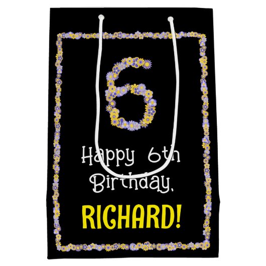 6誕生日:フローラ花数名前をカスタムする ミディアムペーパーバッグ (裏面)